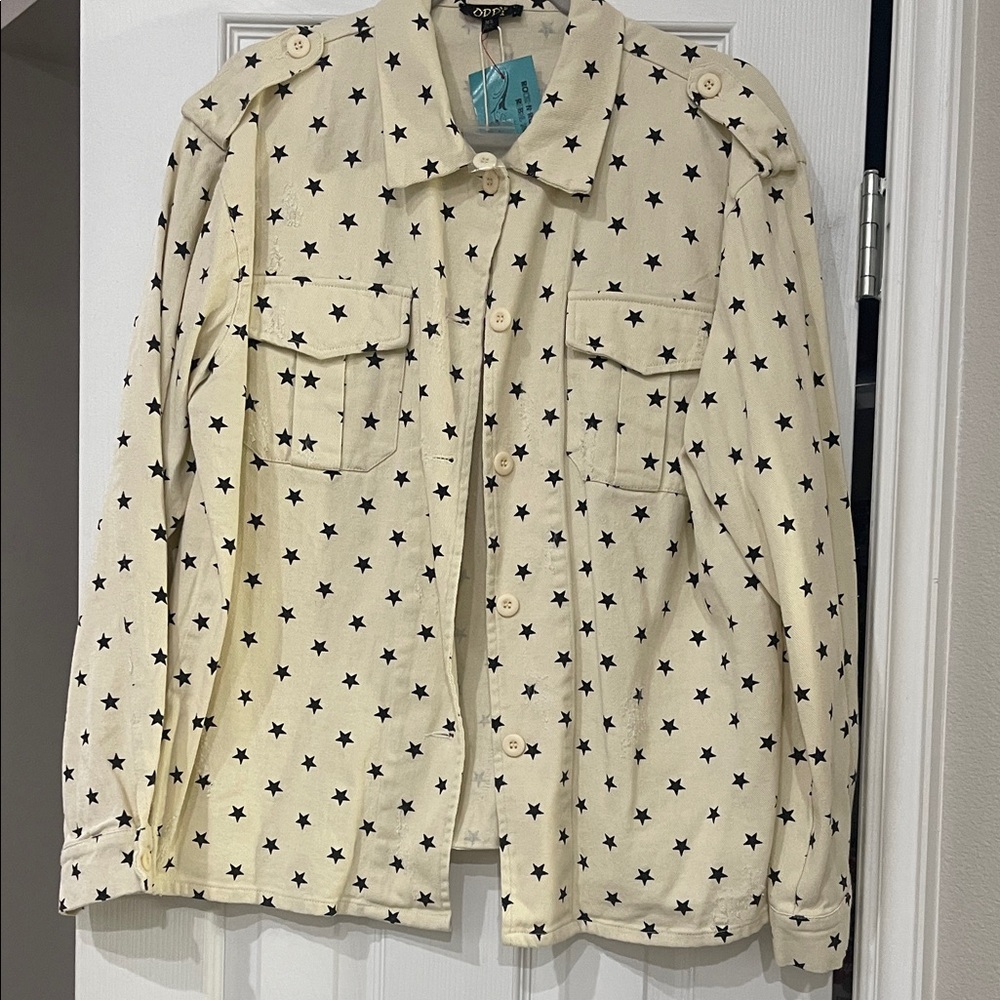 ODDY Beige Star-Print Jean Jacket with Distressing